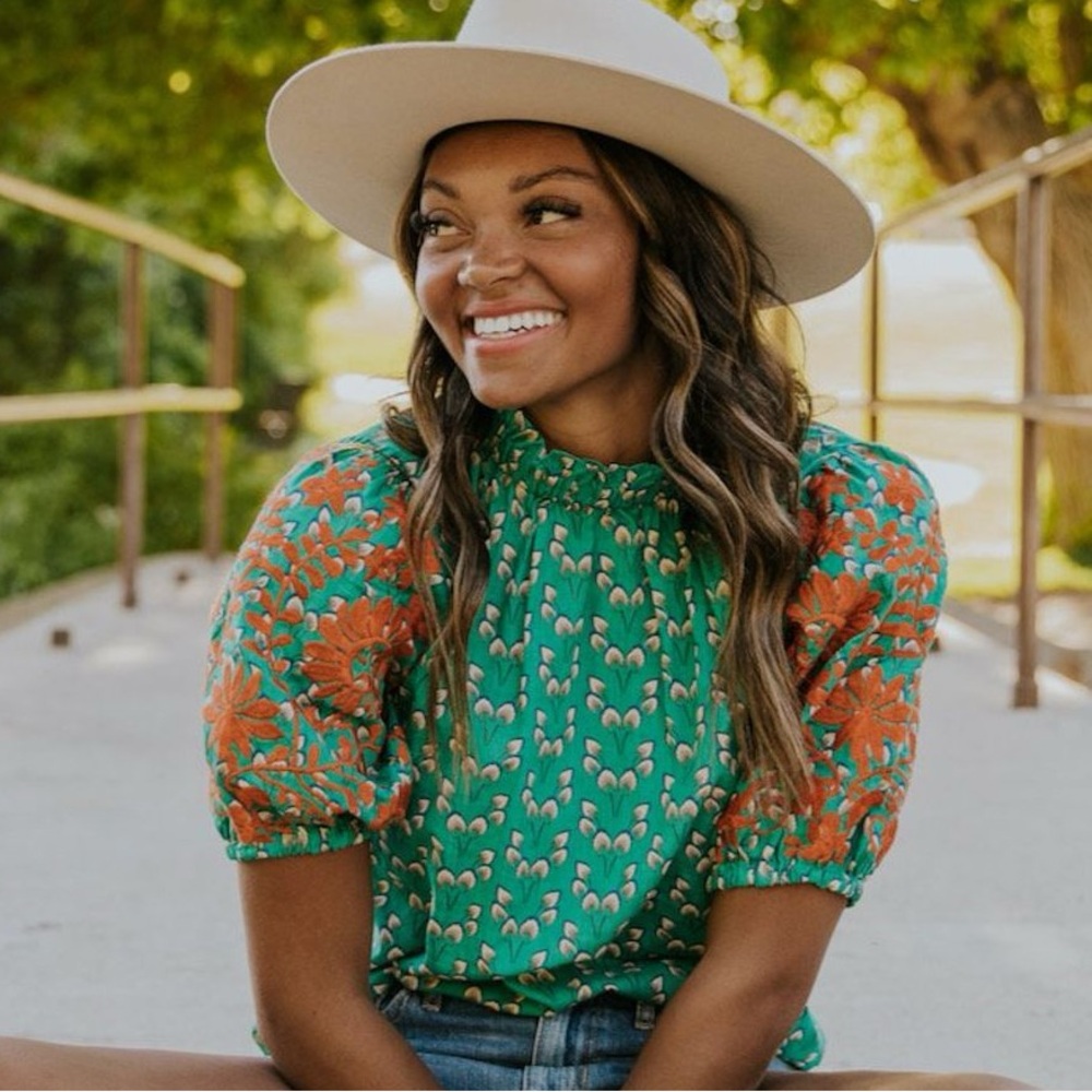 THML Green High Neck Orange Floral Embroidered Button Back Top Sz S